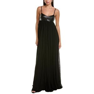 Michael Kors Collection Womens Trapunto Leather-Trim Silk-Blend Gown, Black